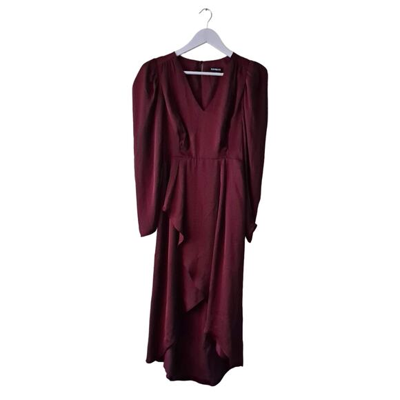 Express Dress Long Sleeve V Neck Wrap Ruffle Hi Lo Maxi Burgundy Red Size XS - Picture 3 of 11